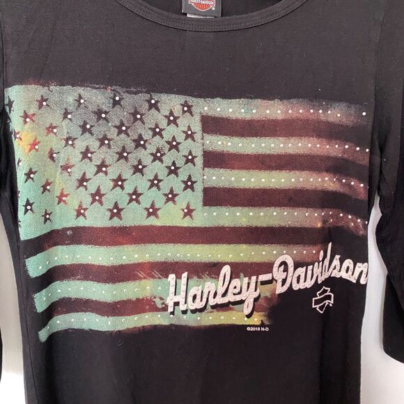 Harley Davidson Wms S Black Washed American Flag Tee Rhinestone Trim Bikercore - Picture 4 of 6